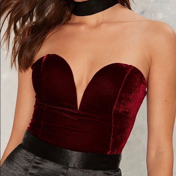 💋Kemba Maroon Velvet Bandeau Lace back body suit - Picture 2 of 8
